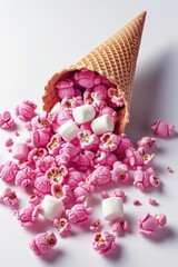 An artistic image of pink popcorn and marshmallows in the shape of ice cream cones, set against a white background. 