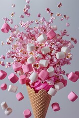 Poster - An artistic image of pink popcorn and marshmallows in the shape of ice cream cones, set against a white background. 