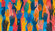 © Sawyer0 - The drawing showing diverse, colorful hands raised in the air reflects the values ​​of unity, participation and diversity in a multicultural society.