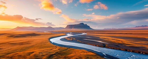 Canvas Print - Icelandic River Valley at Sunset.