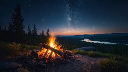 Wall Mural - Exploring the summer wilderness, with a campfire glowing at dusk, highlighting the natural beauty and star-filled night sky. Photo manipulation