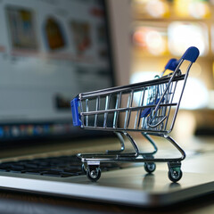 small shopping cart on laptop keyboard with online shopping website in the background