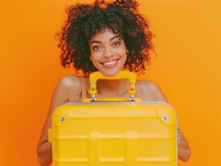 A woman holding a yellow piece of luggage on the go