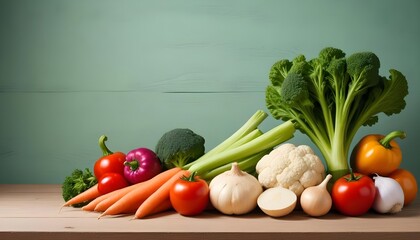 Wall Mural - fresh vegetables on a wooden table with space for text