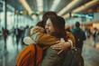 © Milos - Two travelers share a heartfelt embrace upon reuniting in the lively setting of an airport terminal, their smiles and closeness reflecting the joyous moment.