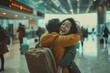 © Milos - Captured is a warm hug between two individuals at a lively airport terminal, surrounded by suitcases and travelers, symbolizing the warmth of reunions and farewells.