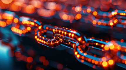 Poster - Close-up of glowing, interconnected chains with a broken link, blue and orange bokeh background