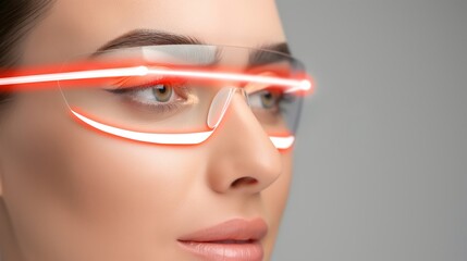 Poster - A woman wearing glasses with red lights on them. The glasses are glowing and the woman's eyes are open