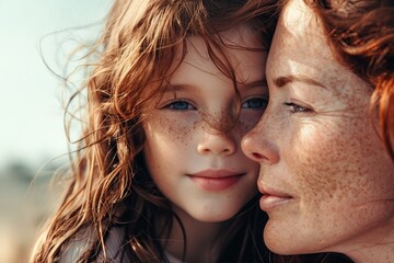 Portrait of a red-haired mother with a pre-teen daughter with freckles looks at the camera