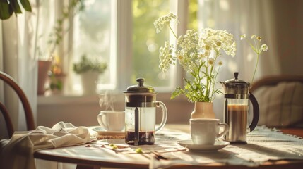 Poster - A beautifully set table with a French press, fresh flowers, and a steaming cup of coffee, creating a serene morning moment