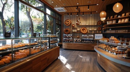 Wall Mural - Cozy Modern Bakery with Assorted Baked Goods Displayed by Large Windows