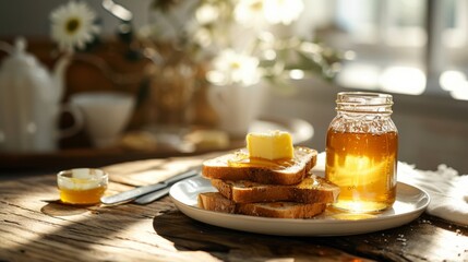 Poster - A breakfast scene with toast, butter, and a jar of honey, evoking a cozy and delicious morning meal