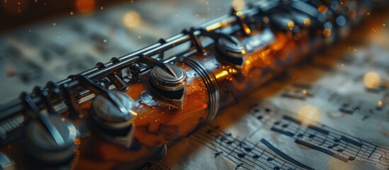 Poster - Close-up of a wooden clarinet with shiny metal keys, resting on sheet music with a warm glow