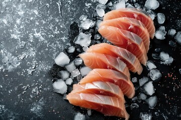 Wall Mural - Sliced fresh fish sashimi with ice on dark background, top view. Asian food concept.