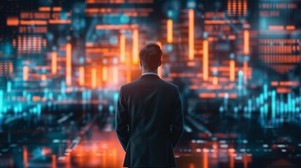 Fototapete - A businessman analyzing a 3D financial graph projection, contemplating investment opportunities