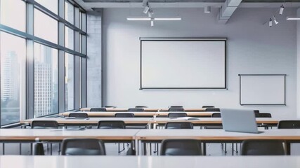 Poster - A modern classroom with large windows, a projector screen, and several rows of desks with chairs. A laptop is on one of the desks.