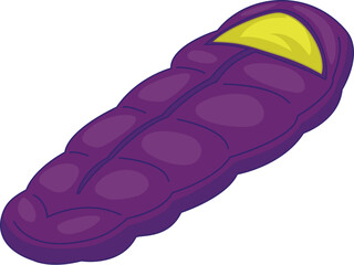 Purple sleeping bag with yellow pillow, isolated cartoon illustration on white background