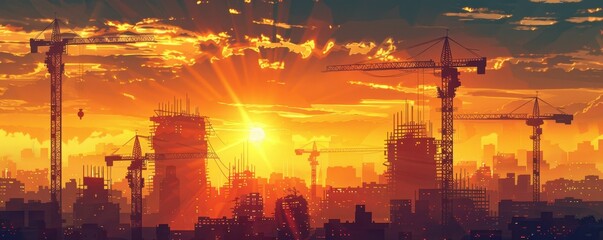 Construction cranes reaching into a sunset sky, with beams of light highlighting the silhouettes of emerging buildings and infrastructure 