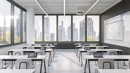 Poster - A modern classroom with large windows overlooking a city skyline, featuring rows of empty white desks and chairs.