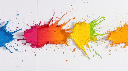 Abstract Splatter of Blue, Red, and Yellow Paint Across White Tiled Floor