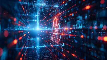 Poster - cybersecurity themed digital lock and matrix background concept for secure and high tech cyber prote