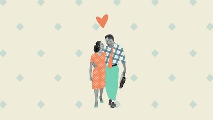 Wall Mural - Stop motion. Creative animation in retro style. Beautiful lovely couple, man and woman, walking together and hugging. Romance. Concept of family, relationship, vintage, lifestyle.