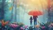 © Thares2020 - Couple Walking Under Vibrant Umbrella in Lush Forest Scenery Insurance Concept
