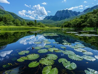 Wall Mural - Serene Mountain Lake with Water Lilies