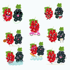 Wall Mural - Cute black currant and red currant characters set with many expressions. Vector illustration flat design set.