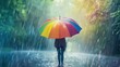 © Matcha_09 - A person stands under a colorful rainbow umbrella in the rain, creating a peaceful and vibrant scene