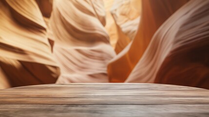 Wall Mural - close up of rustic empty wooden table with blurred antelope canyon background