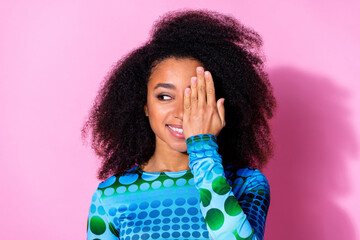 Sticker - Photo portrait of pretty young girl palm cover half face look empty space wear trendy blue outfit isolated on pink color background