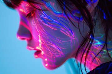 Wall Mural - Neon lit portrait of a woman with vibrant colors emphasizing modern digital art and creativity