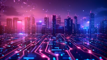 Poster - Vibrant Cityscape with Glowing Skyscrapers and Digital Elements