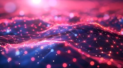 Poster - Vibrant Digital Network Visualization with Interconnected Nodes and Flowing Lines in Futuristic Cyber Background