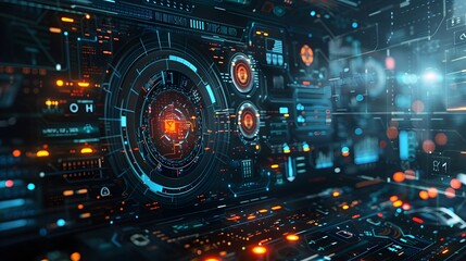 Poster - futuristic cyber interface with holographic data and interactive elements