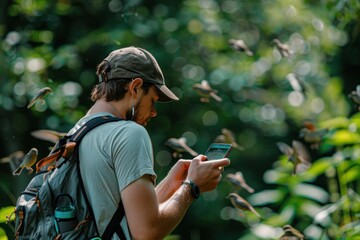 a bird watcher uses a mobile app to log bird sightings and contribute to citizen science projects. t