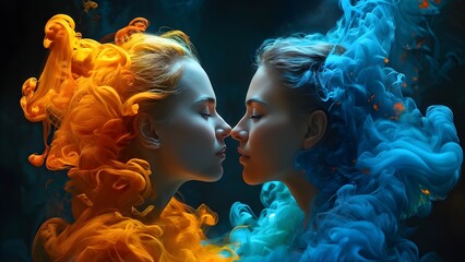 Two women with mesmerizing expressions facing each other in dynamic orange and blue smoke, artistic representation. Generative AI