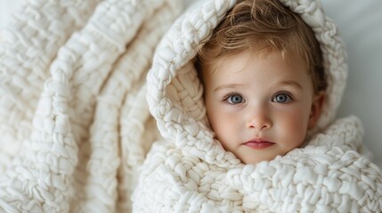 A calm baby with clear blue eyes lies snugly enveloped in a plush, white, artistically designed blanket, portraying tranquility and tender beauty.