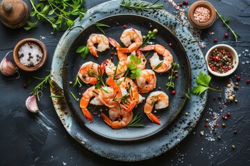 Wall Mural - Top view of shrimp on a plate with fresh herbs and spices over a dark background.