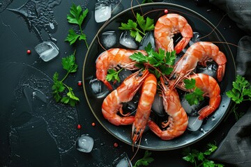 Wall Mural - Shrimp are arranged on the plate surrounded by ice and fresh herbs.