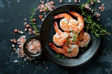 Wall Mural - Shrimp are arranged on the plate surrounded by ice and fresh herbs.