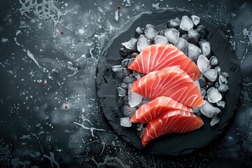 Wall Mural - Sliced fresh fish sashimi with ice on dark background, top view. Asian food concept.