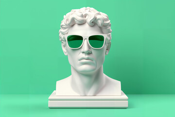  White sculpture of a male head wearing sunglasses on a green background. The sculptural style is minimalist with a frontal view.