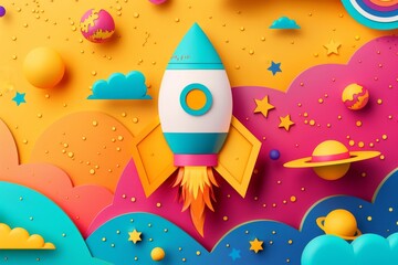 Sticker - Vibrant Rocket Launch in Colorful Outer Space Illustration