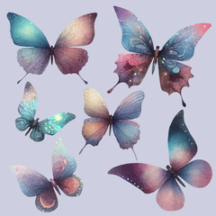 set with various butterflies in watercolor style