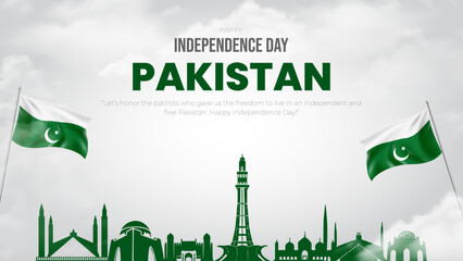 Wall Mural - Happy Independence Day Pakistan Post and Greeting Card. Pakistan Independence Day August 14th Banner with Text, clouds and Pakistan flag .Vector Illustration