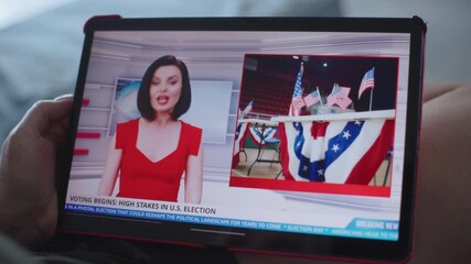 Poster - close up of tv news broadcast with female news anchor displayed on tablet screen. caucasian woman wa
