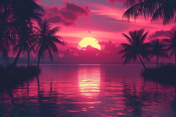 Poster - Vibrant Sunset over Tropical Beach with Palm Trees