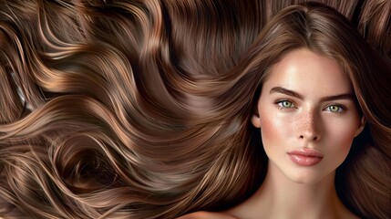 the woman looks beautiful with her wavy brunette hair and perfect makeup. her smooth, healthy face s